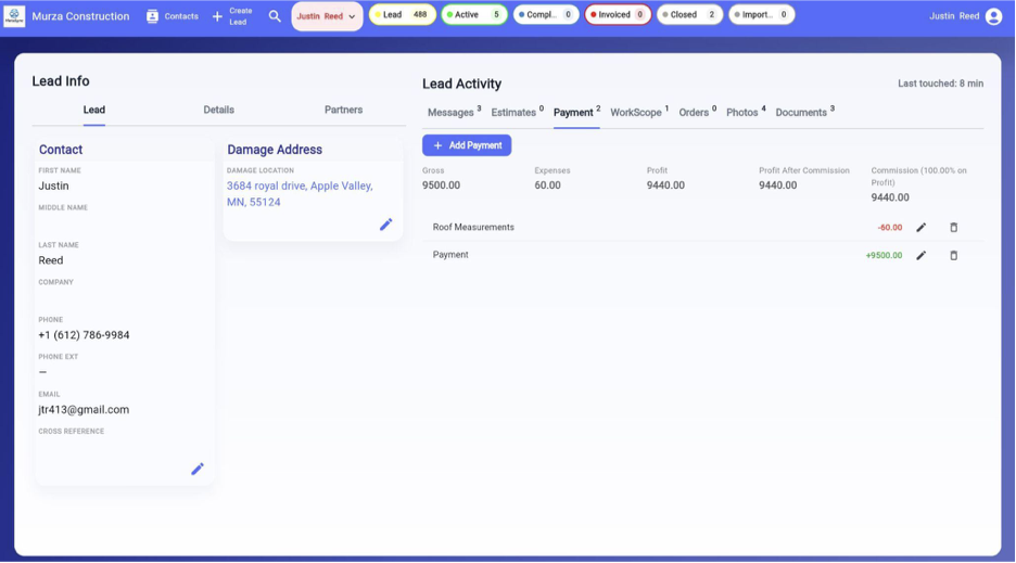 A work order and payment worksheet in MetaSync